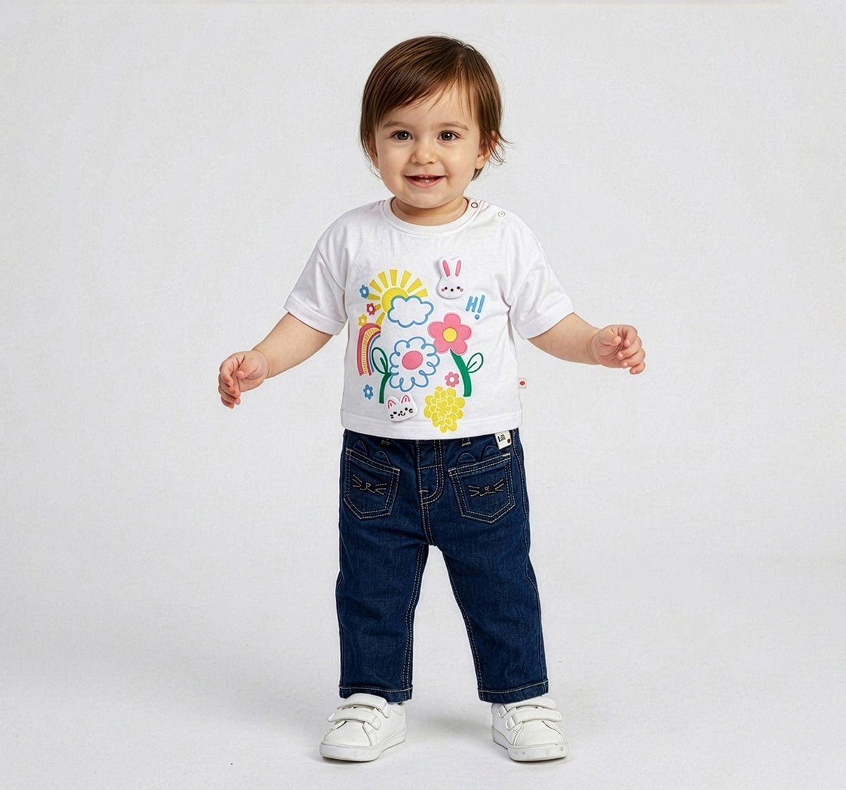 Drop Shoulder Tee with Print & Appliques White