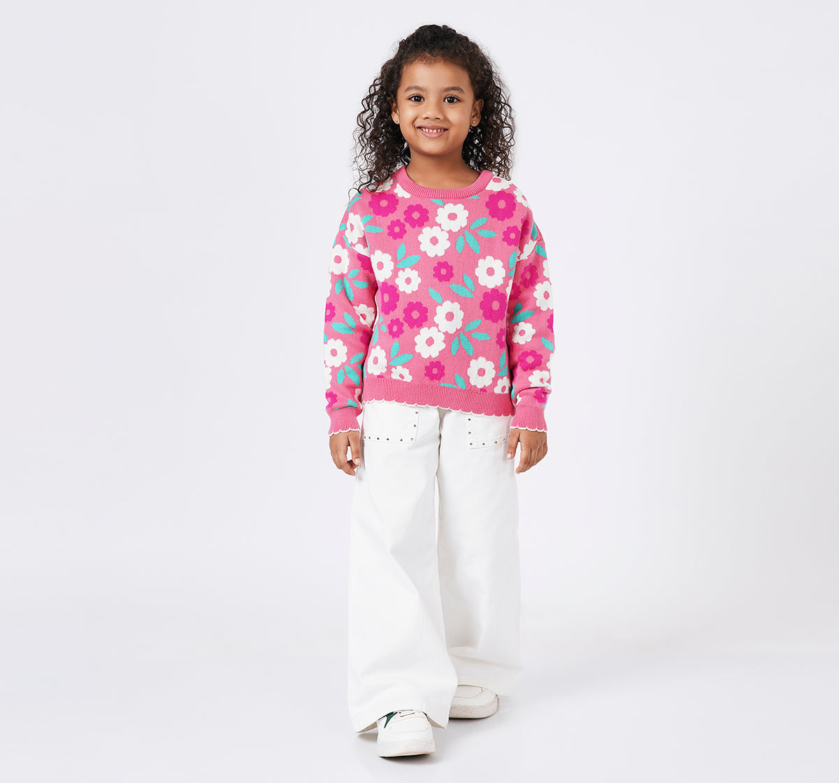 Floral Sweater with Scalloped Hem Multicolor