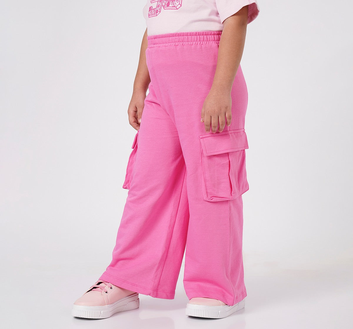 Girls Pink Wide Leg Fleece Cargo Joggers