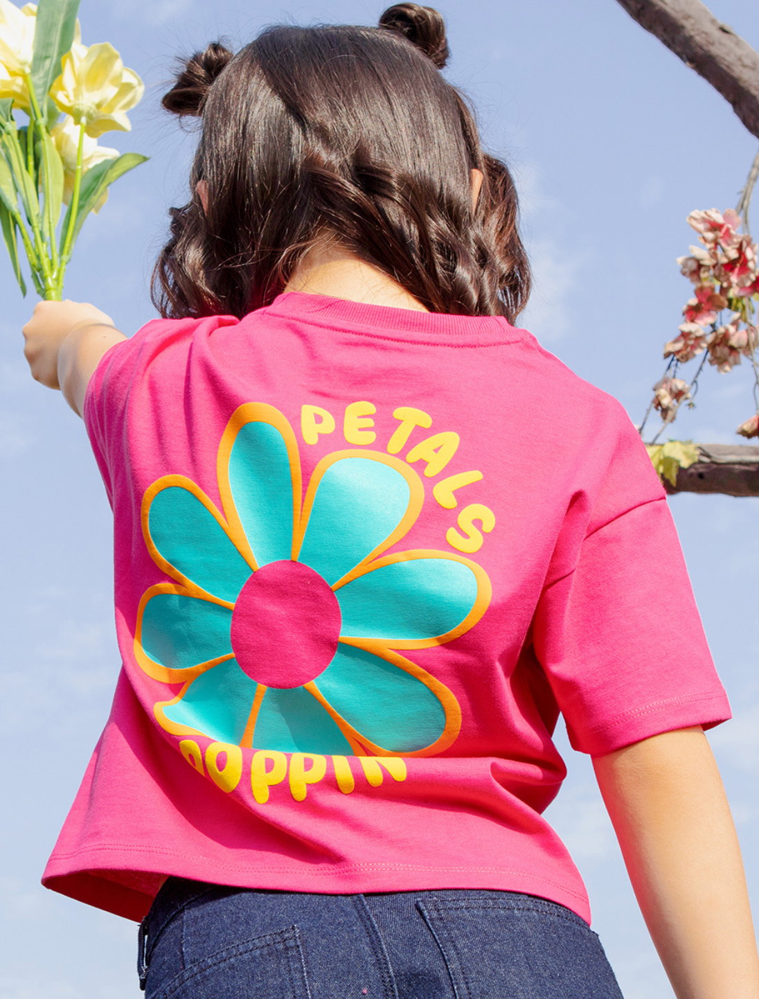 Girls Cotton Knit Graphic Boxy Fit Half Sleeve Top