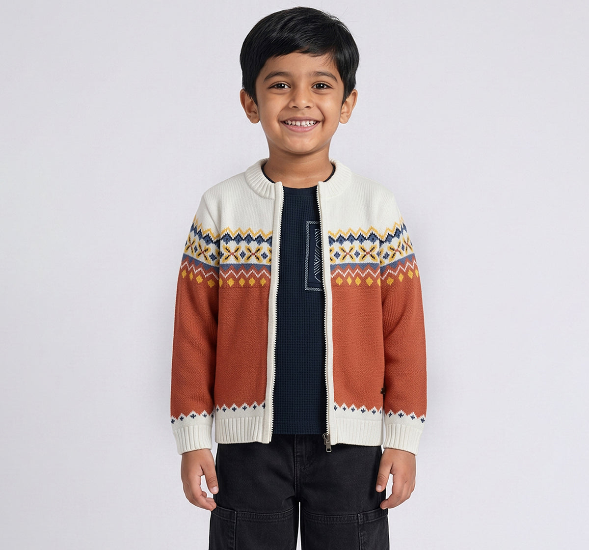 Jacquard Front Open Sweater Orange