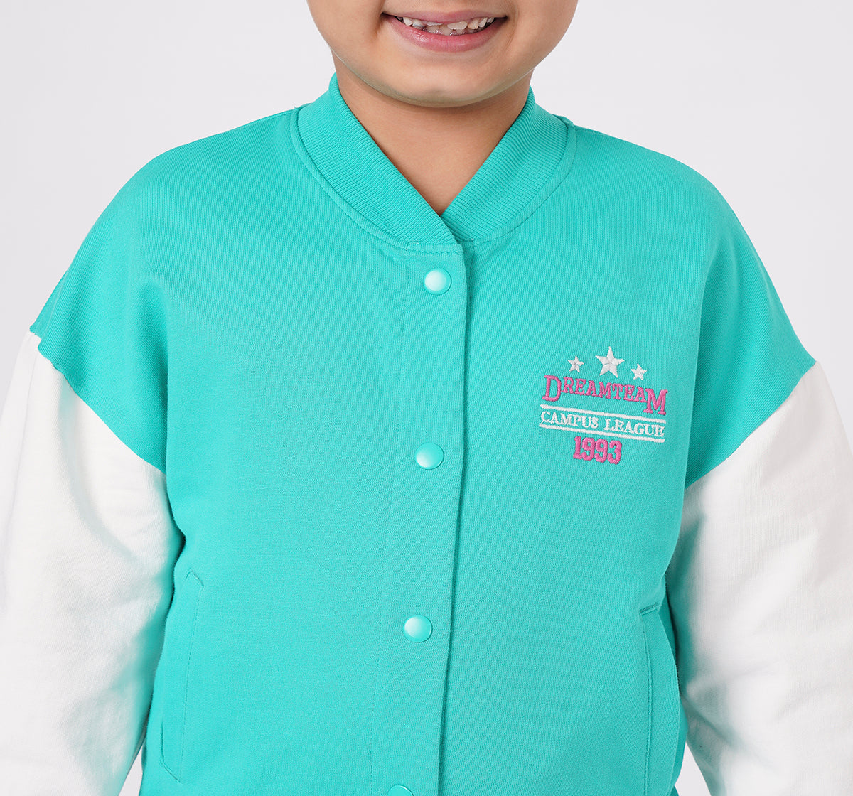 Girls Sea Green Varsity Bomber Knit Jacket