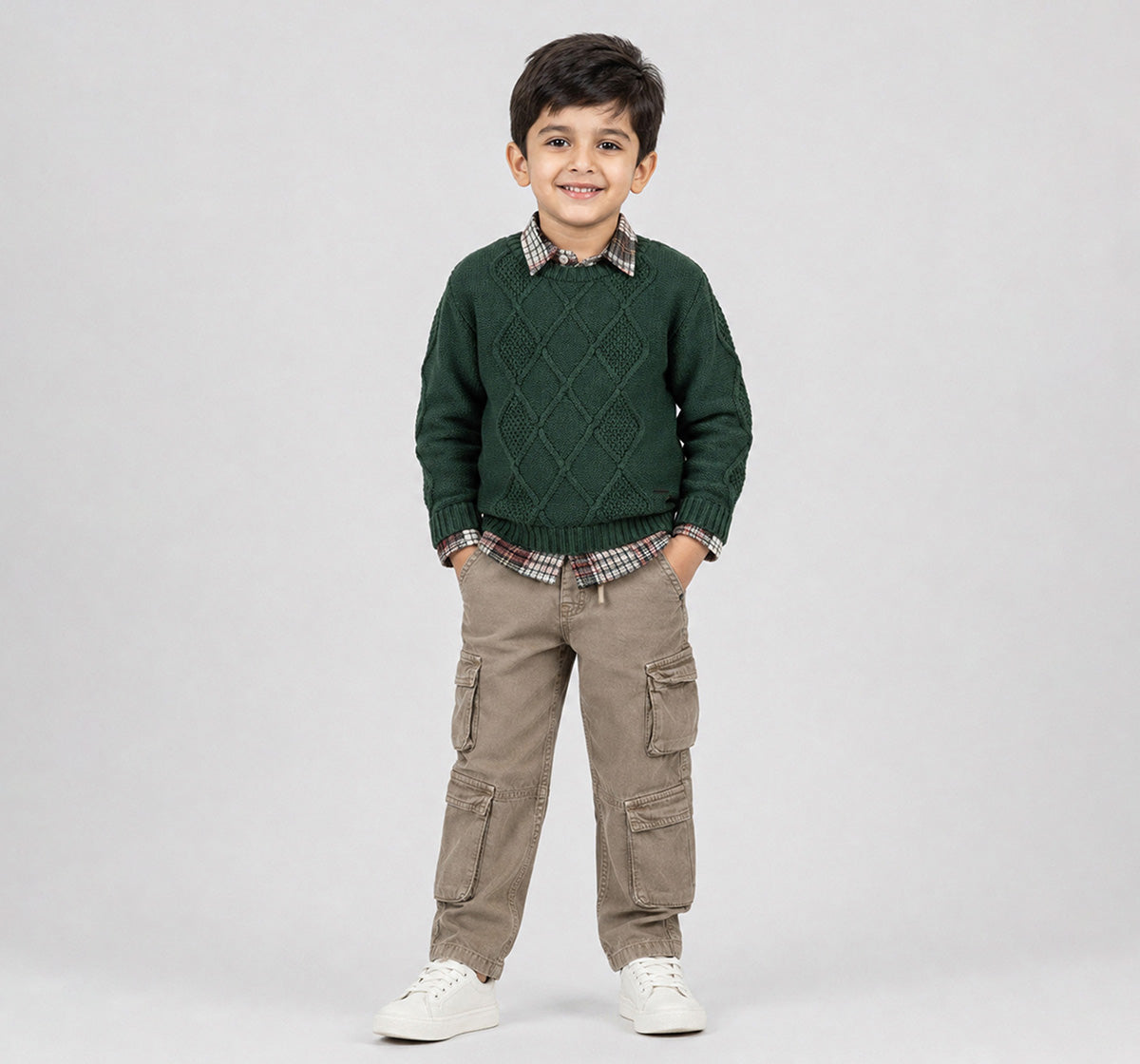 Flat Knit Sweater with Cabling Olive Green
