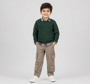 Flat Knit Sweater with Cabling Olive Green