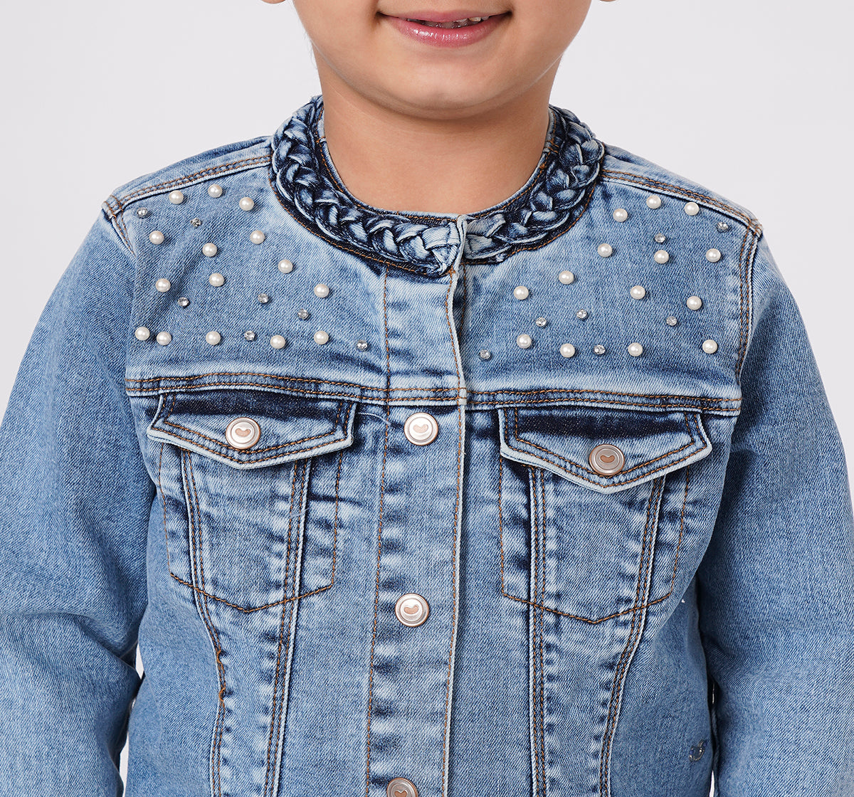 Waist Length Studed Denim Jacket Blue