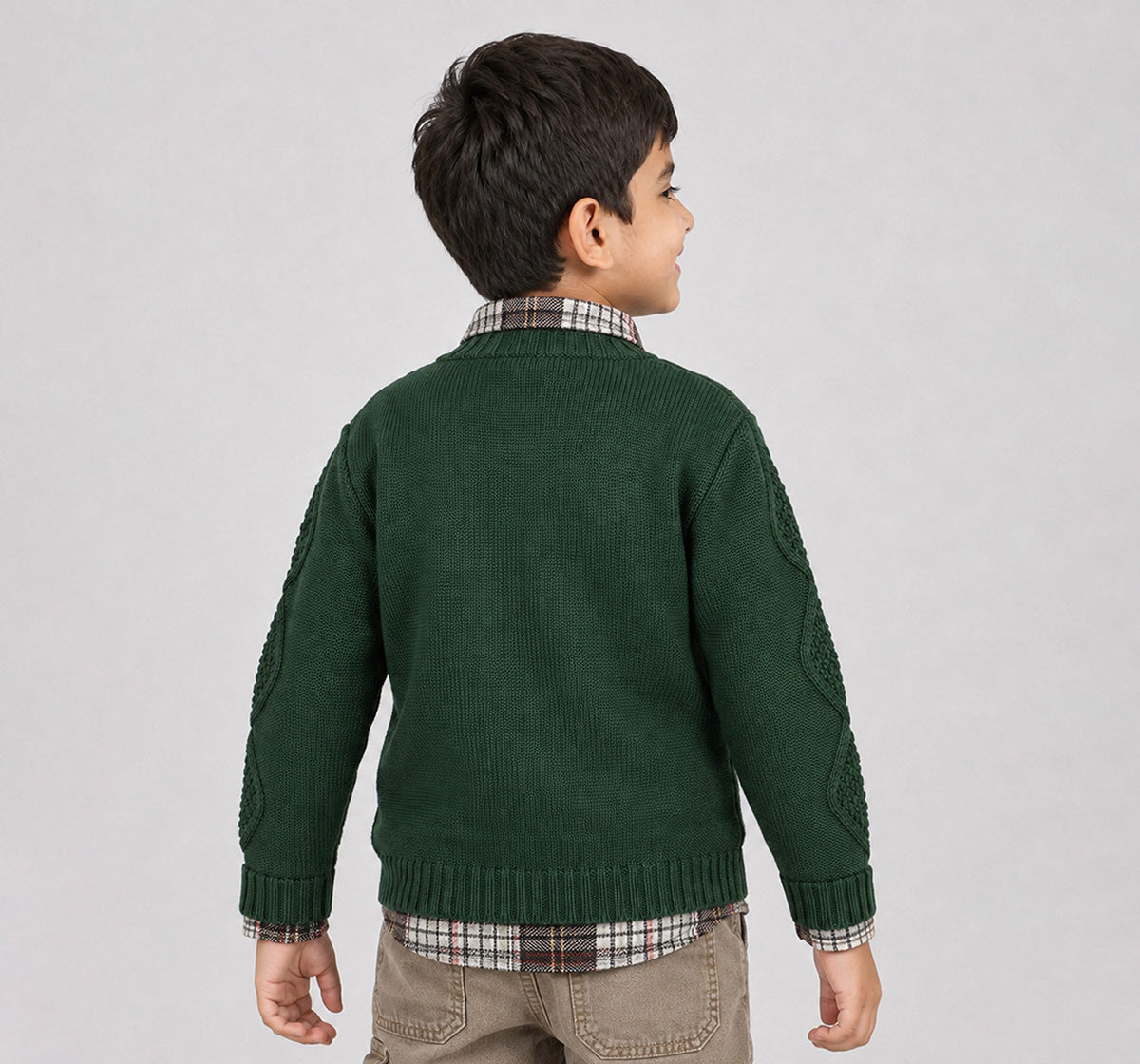 Flat Knit Sweater with Cabling Olive Green