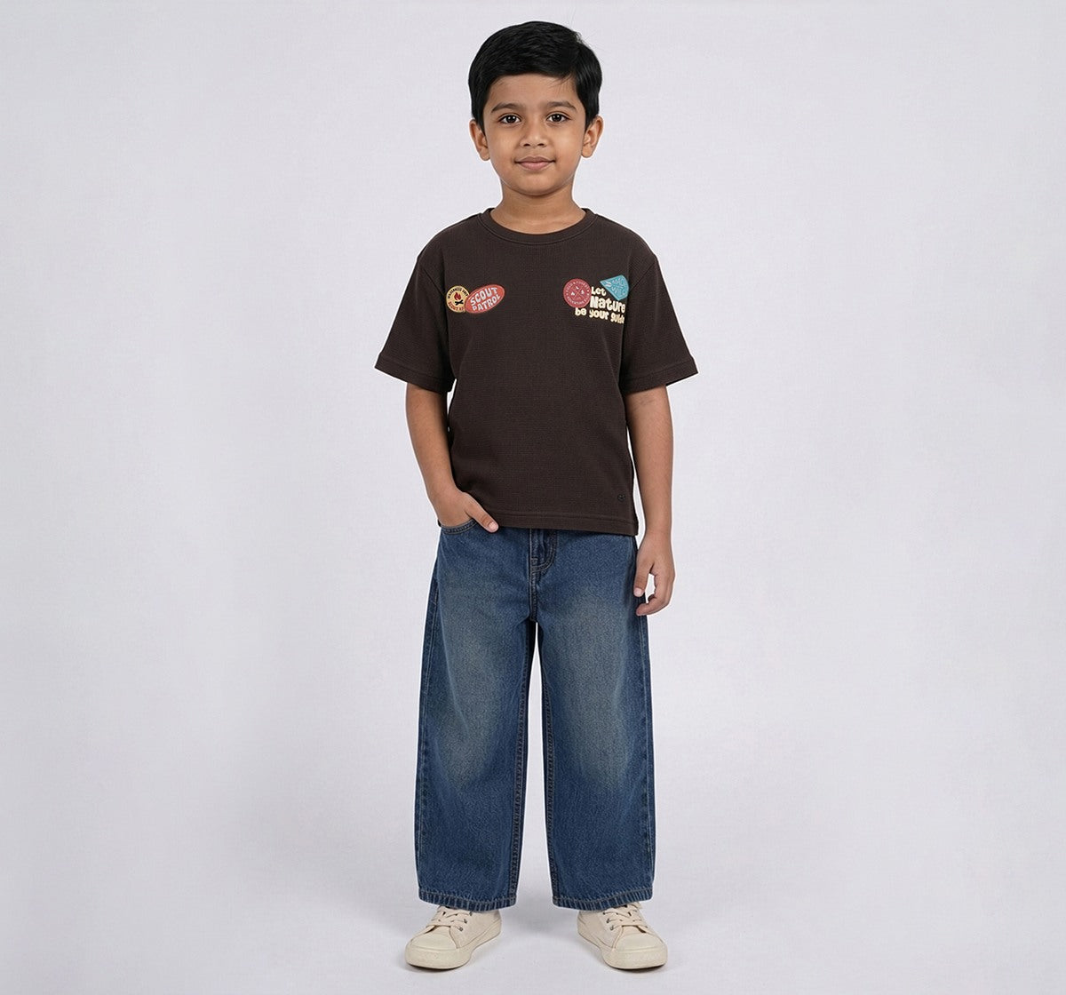 Half Sleeves T-Shirt with Applique Brown Relaxed Fit