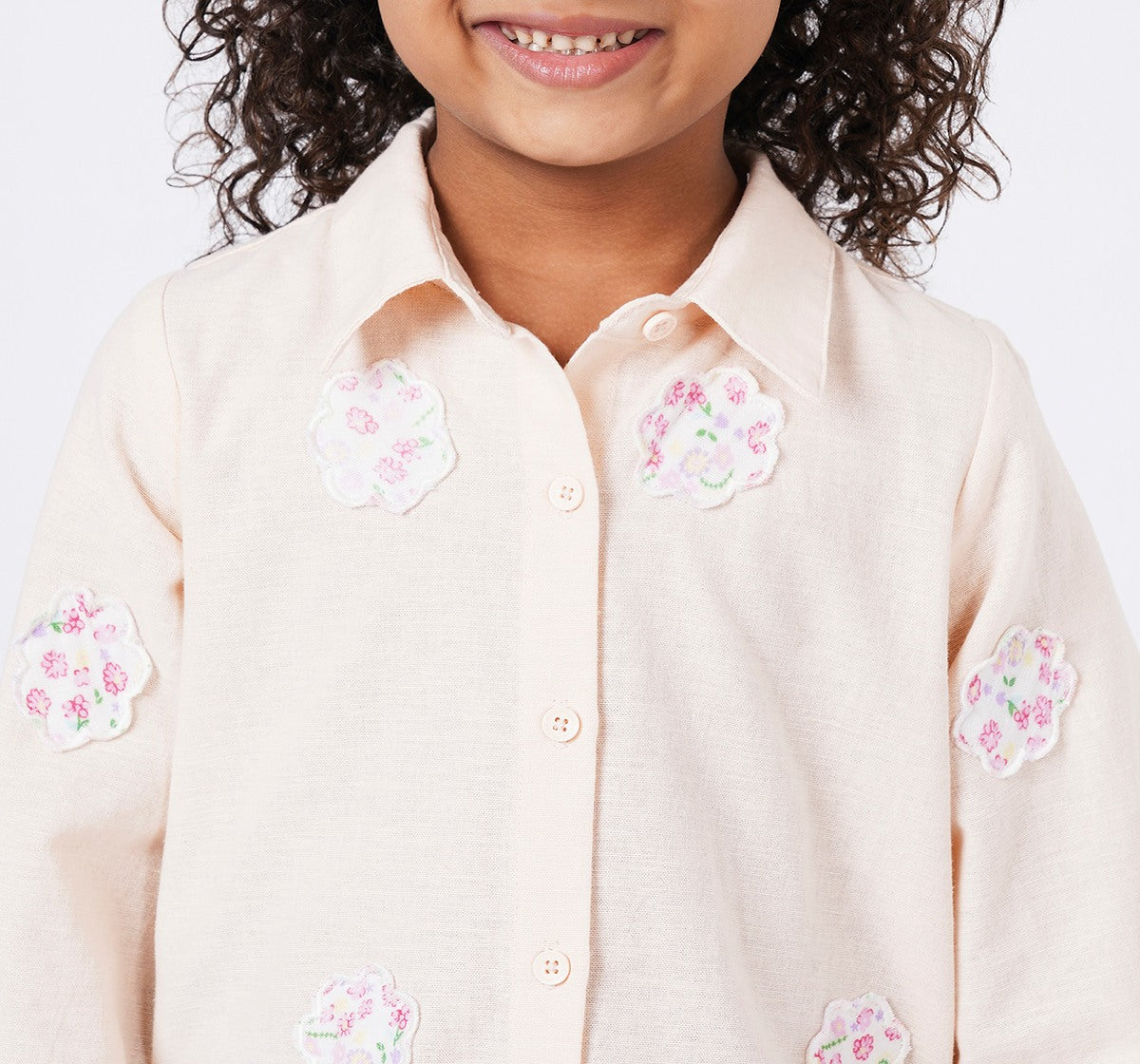 Girls Light Peach Floral Applique Patch Shirt