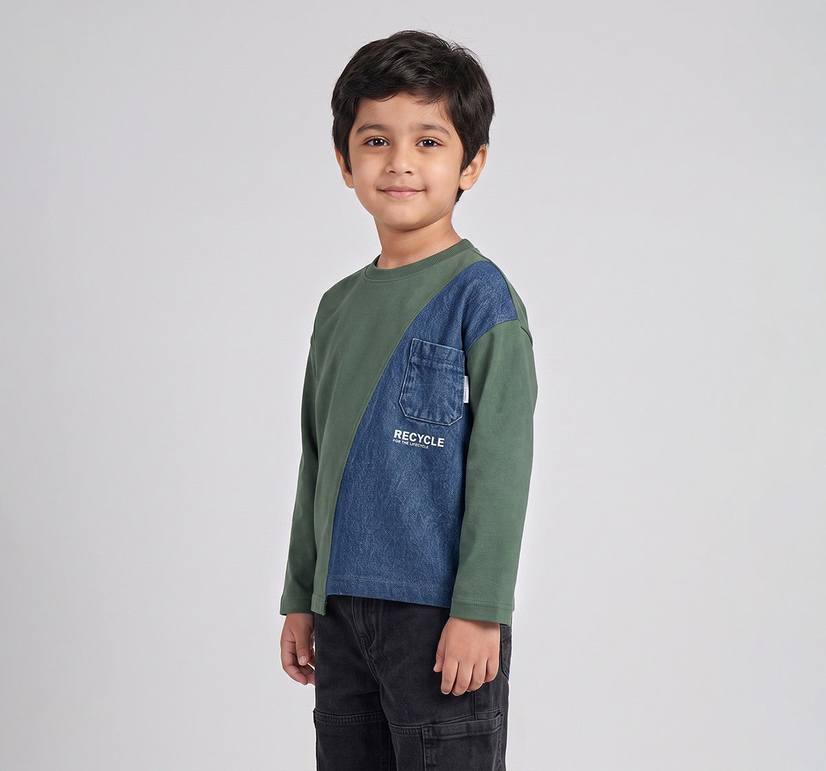Looper T-Shirt with Denim Applique Green