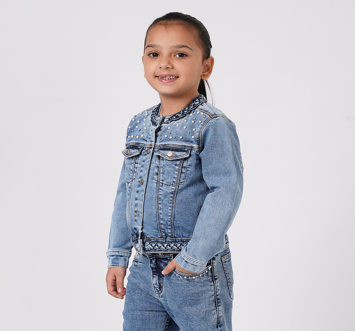 Waist Length Studed Denim Jacket Blue