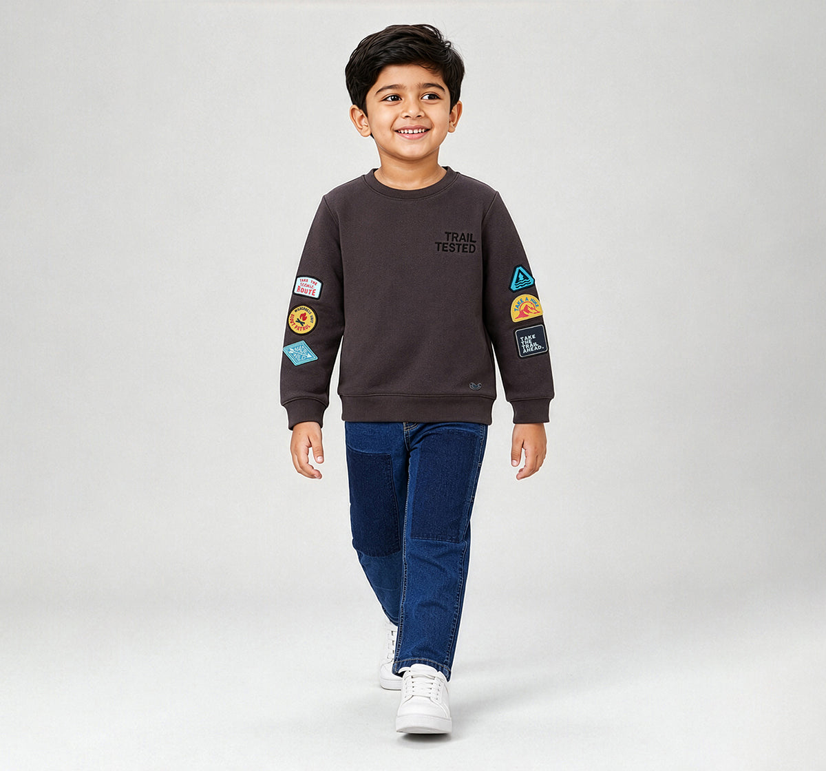Boys Brown Textured Graphic Print Regular Fit Sweatshirt