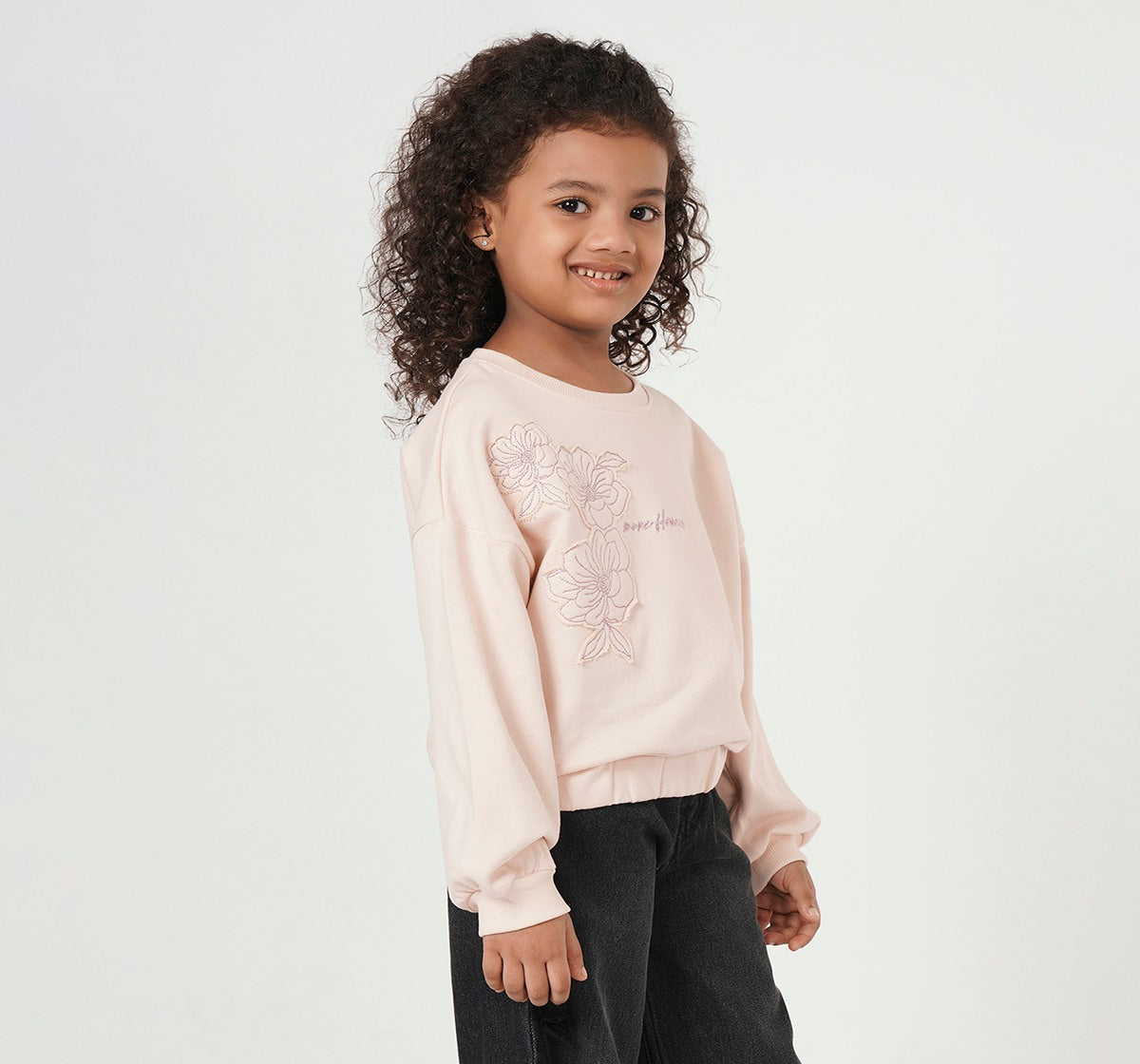 Balloon Hem Sweatshirt with Applique Pink Relaxed Fit