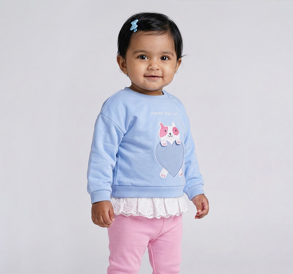 Sweatshirt with Schiffli Mock Layer Blue