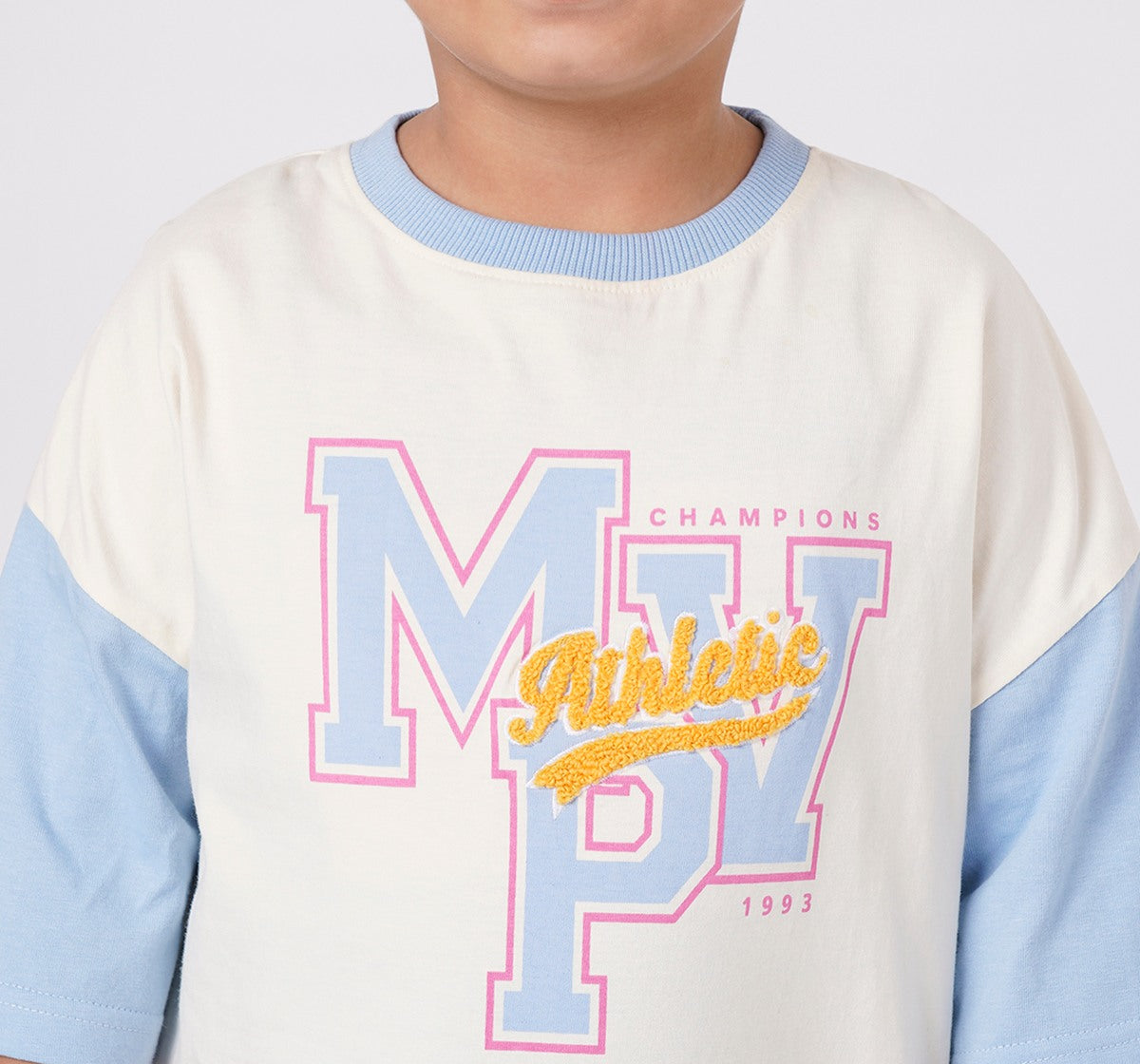 Girls Cream and Blue Cotton Color Block Boxy Fit T-Shirt