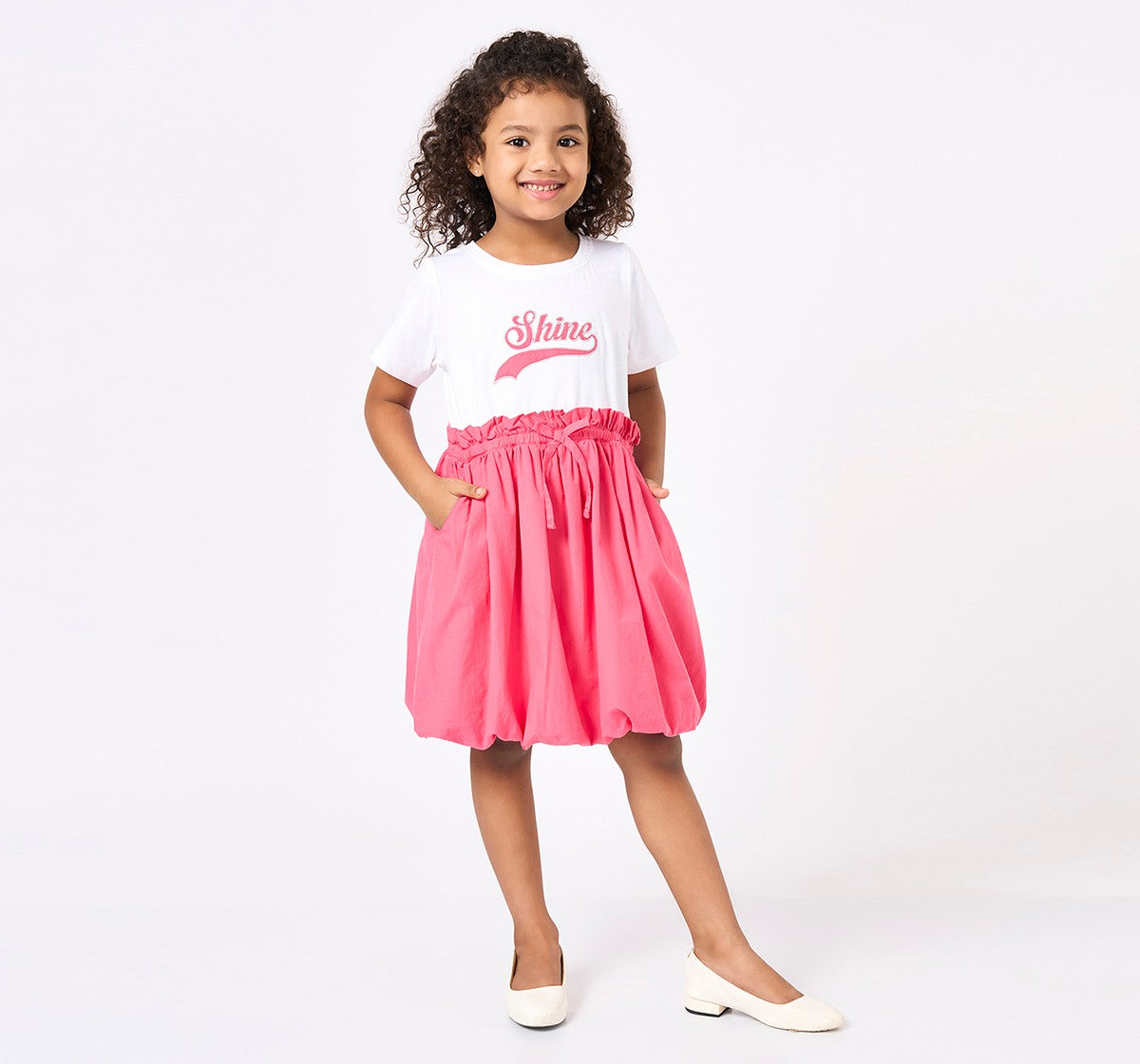 Girls Pink Knit and Woven Paper Bag Waist Dress