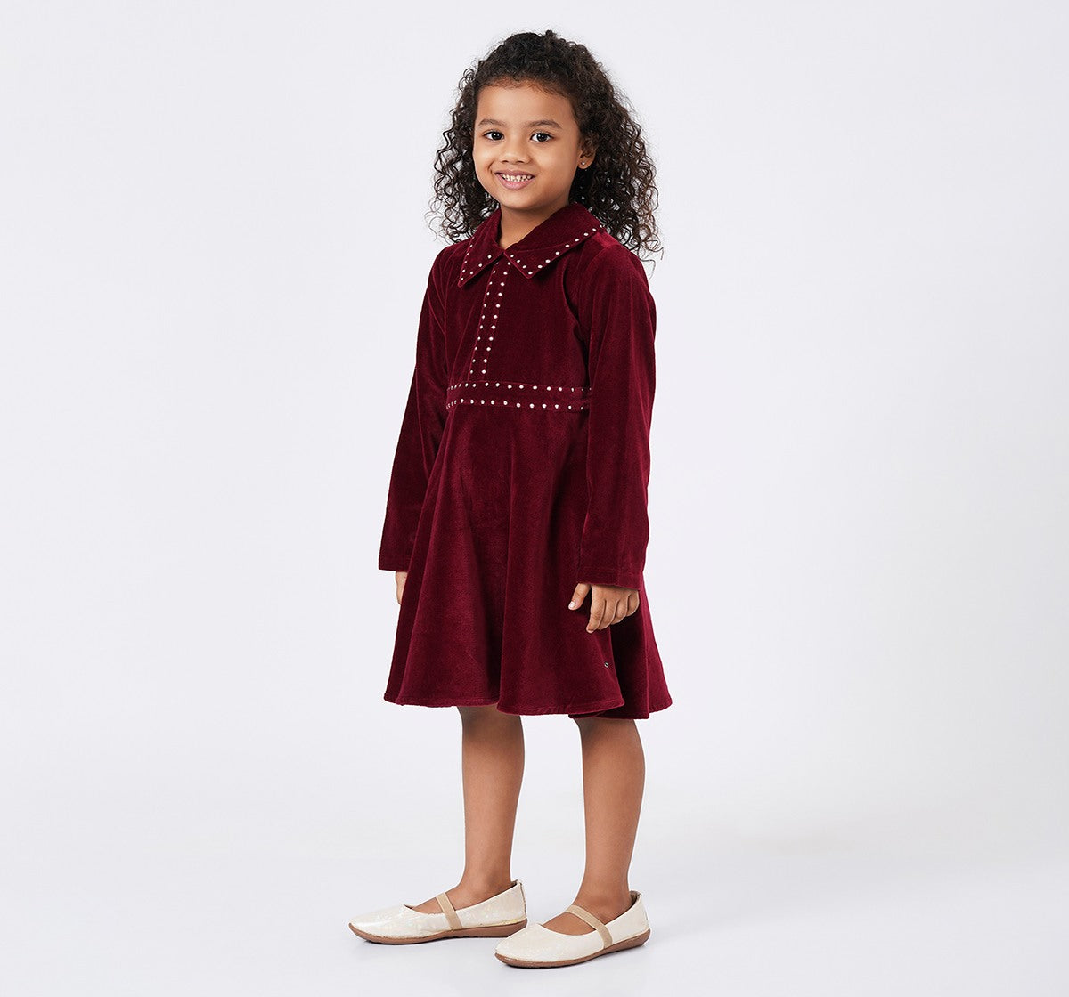 Collar Dress with Silver Metal Studs Burgundy