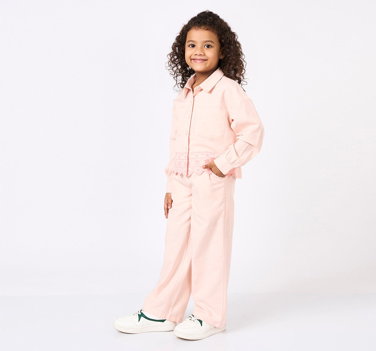 Embroidered Hem Shirt with Bottom Set Pink