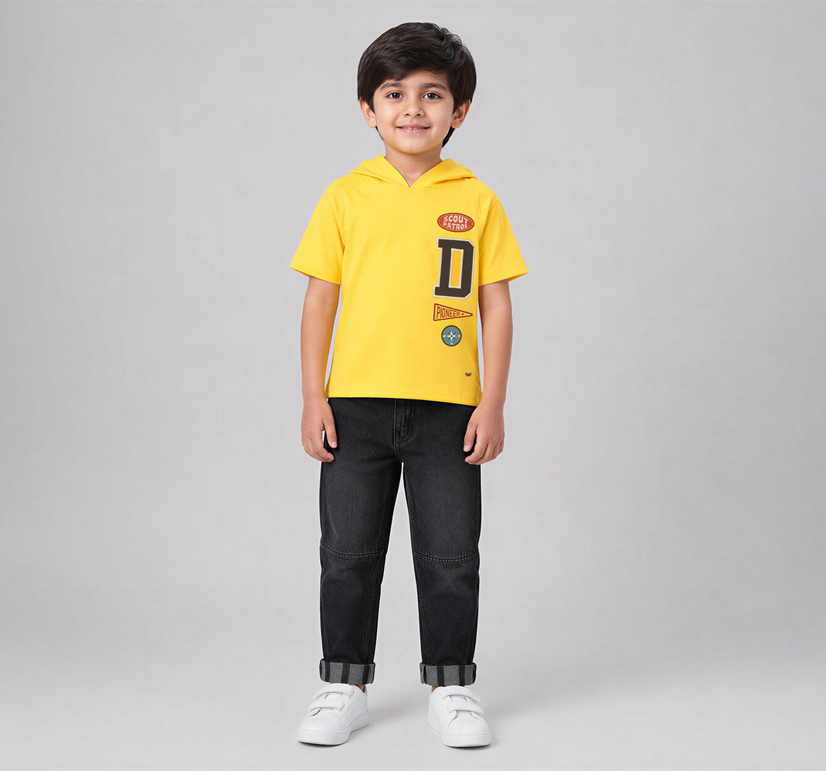 Boys Yellow Hooded Varsity Graphic Regular Fit T-Shirt