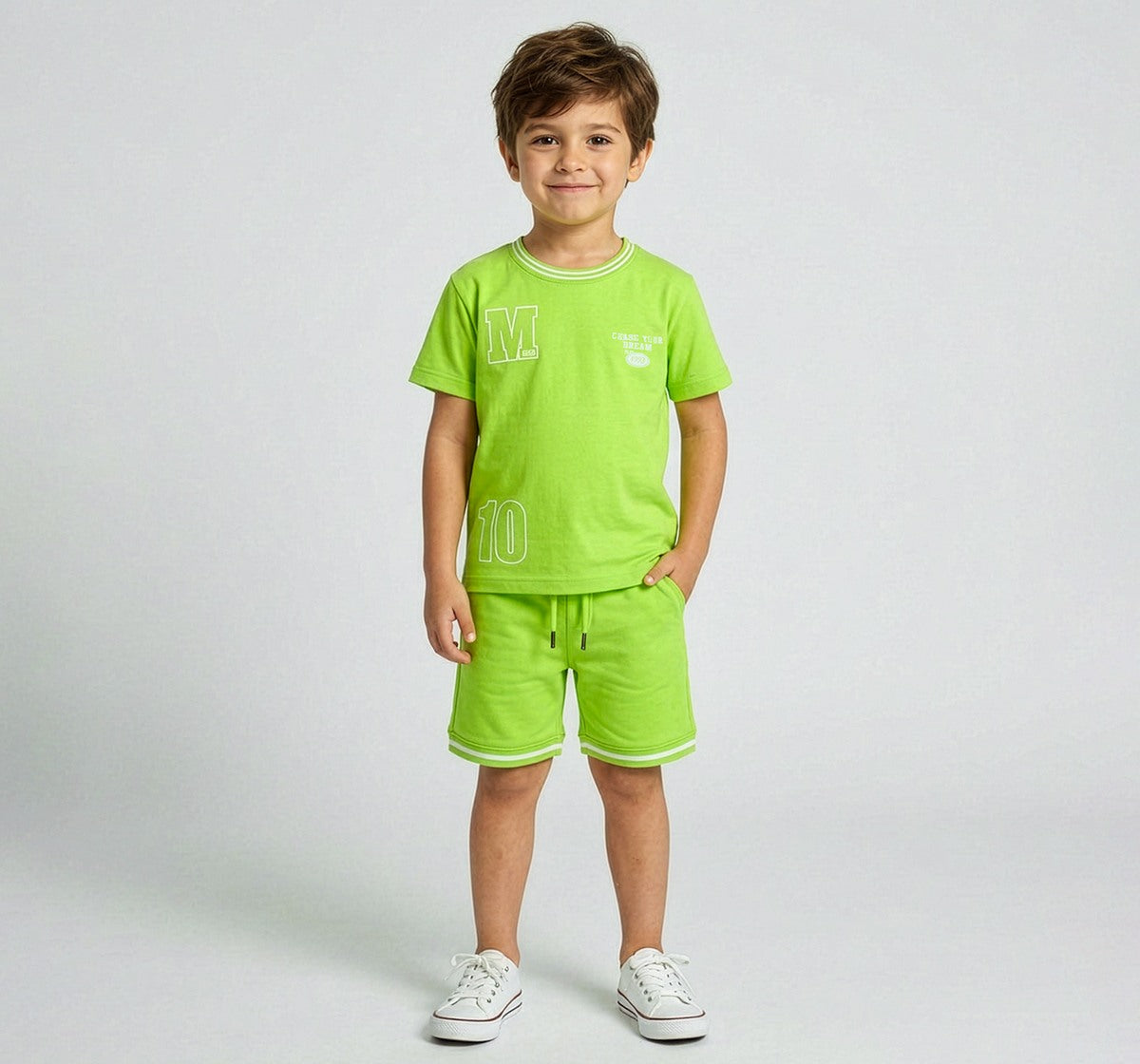 Boys Neon Green Varsity T-Shirt and Shorts Co-ord Set