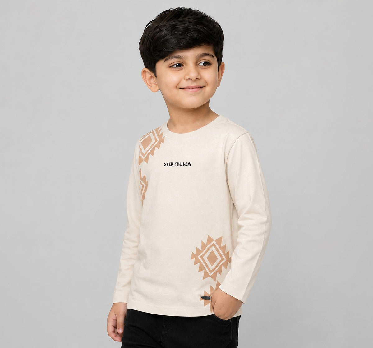 Crew Neck T-Shirt W/ Print & Applique Beige Full Sleeves